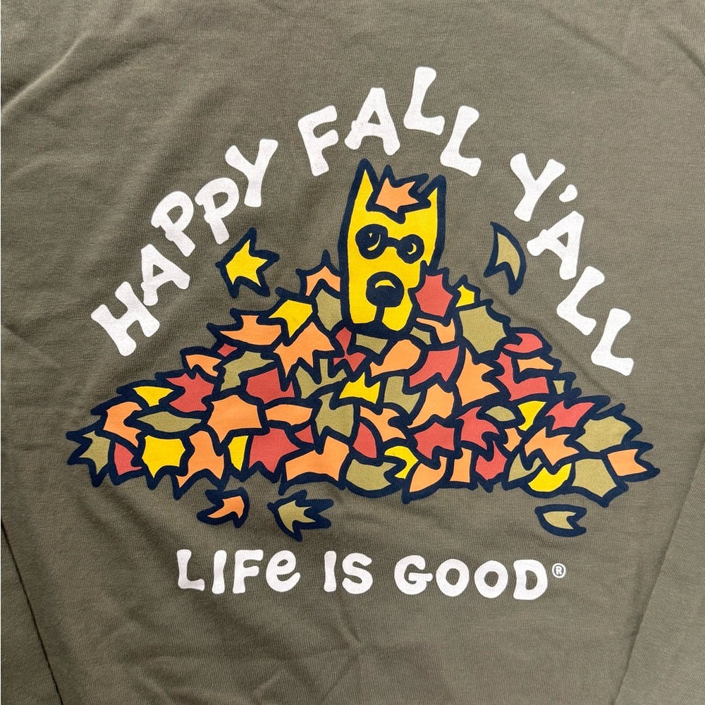 Life Is Good Long Sleeve Crusher T-Shirt Happy Fall Yall Green Leaves Dog Men XL - Picture 3 of 9
